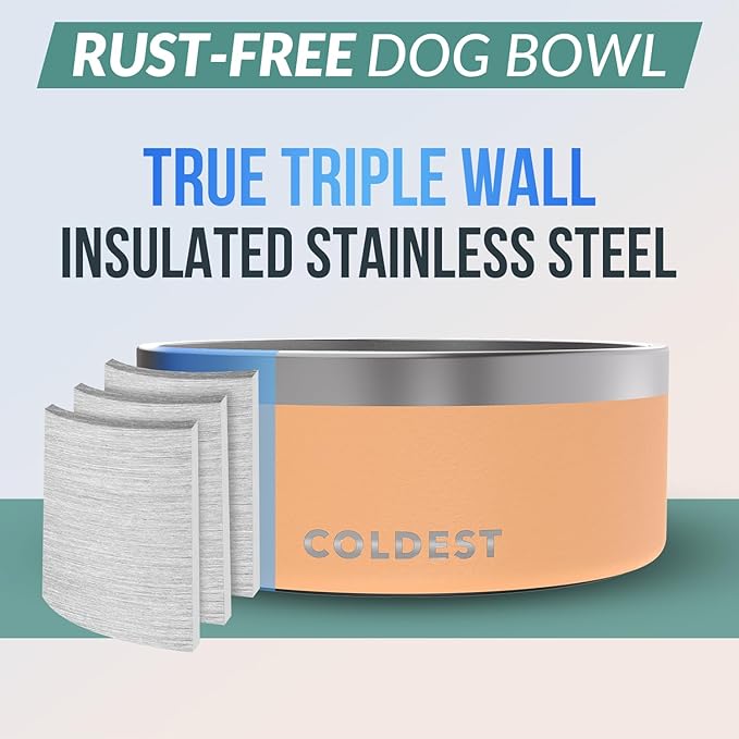 Coldest Dog Bowl - Anti Rust Metal, Non Slip, 3 Layers Insulated Stainless Steel Dog Bowls - Spill Proof & Heavy Duty - Water Bowl for Dogs, Cats & Pets, Dish Washer Safe (100 oz, Sahara Peach)-PawvioPets