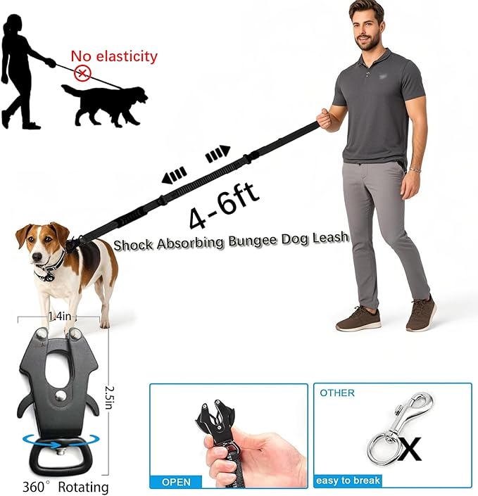 4-6FT Heavy Duty Dog Leashes for Large Dogs, Shock Absorbing Bungee Tactical Leash with 2 Padded Handle, Car Seatbelt and Metal Carabiner Clip, Strong No Pull Dog Leash for Medium-PawvioPets