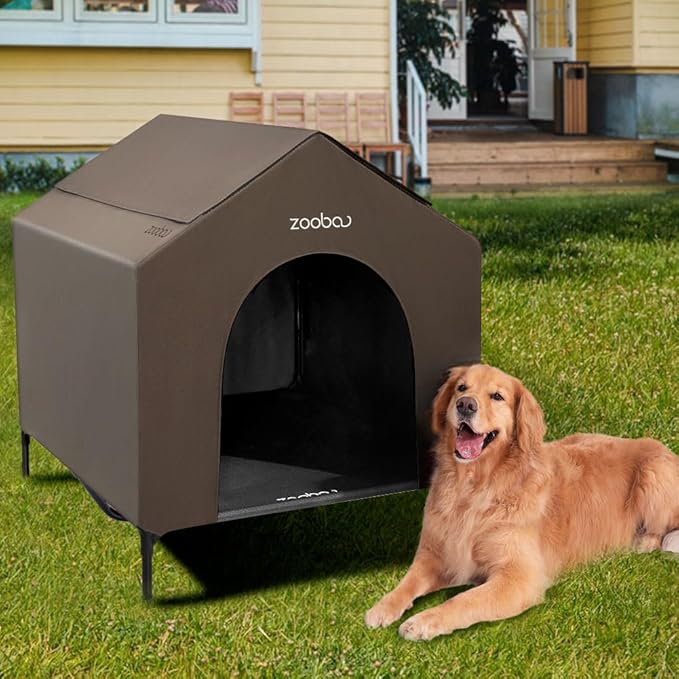 42" 2-in-1 Dog House for Medium Dogs, Elevted Dog House Outdoor/Indoor, Puppy Shelter Outside,Water Resistant 600D PVC and Durable 2x1 Textilene Raised Dog Bed(Brown)-PawvioPets