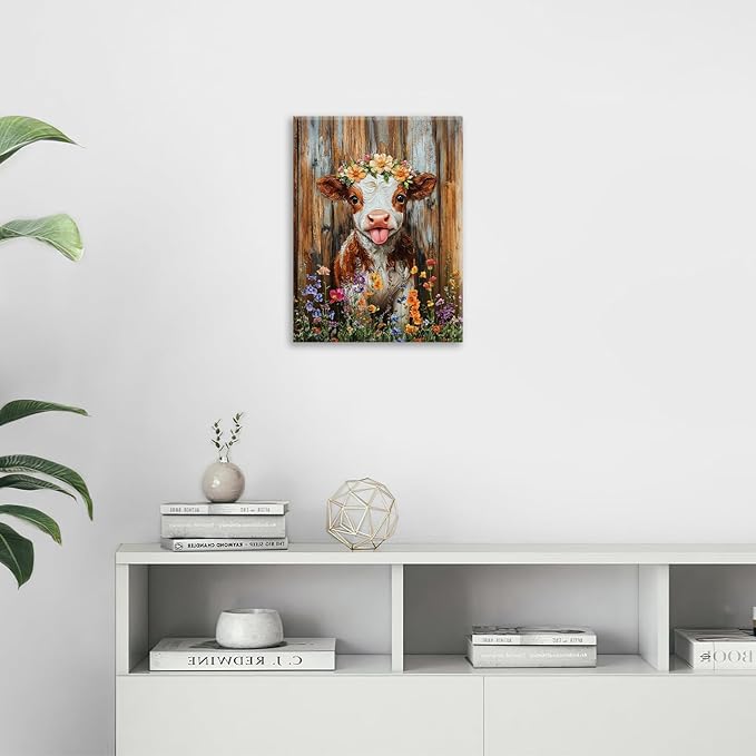 Funny Cow Bathroom Pictures Wall Art, Rustic Brown Cute Cow Bathroom Wall Decor, Farmhouse Floral Framed Painting Animal Flower Canvas Artwork for Bedroom Living Room Decorations 16"L x 12"W-PawvioPets