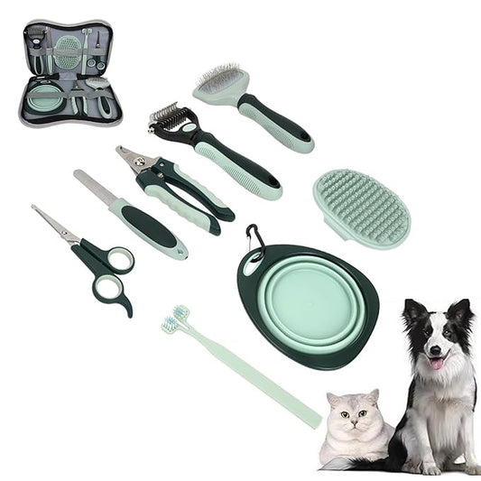 8-in-1 Pet Grooming Kit for Dogs & Cats - Includes Slicker Brush, Nail Clippers, Comb, Scissors, Toothbrush & Collapsible Bowl - Deshedding, Hair Trimming & Care Set, Travel Bag-PawvioPets