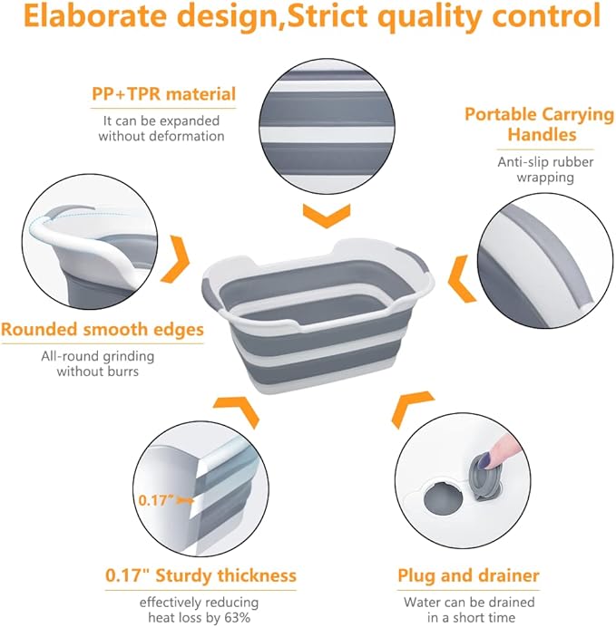 Collapsible Pet Bathtub, 7.1 Gal (27L) - Foldable Bathing Tub with Drain Plug for Dogs & Cats Under 30 lbs - Multi-Use as Laundry Basket, Storage Organizer, Camping Sink (Grey)-PawvioPets