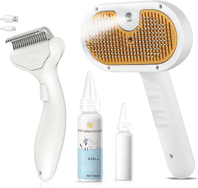 3-in-1 Pet Steam Brush Set for Dogs & Cats, Grooming Comb with Spray, Defur Tool, Water-Assisted Hair Removal, Spritz Brush, Multi-Purpose Kit, Undercoat Rake, Deshedding Brushes, Dematting Brush.-PawvioPets