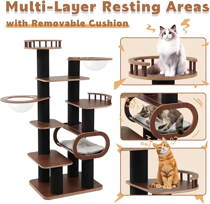 70.9'' Black Cat Tree for Indoor Cats Large Adult, Heavy Duty Cat Tower with Scratching Post, Modern Kitty Tree with Removable Mats, Semi-closed Condo and Transparent Bowl, Wooden Luxury Cat Furniture-PawvioPets