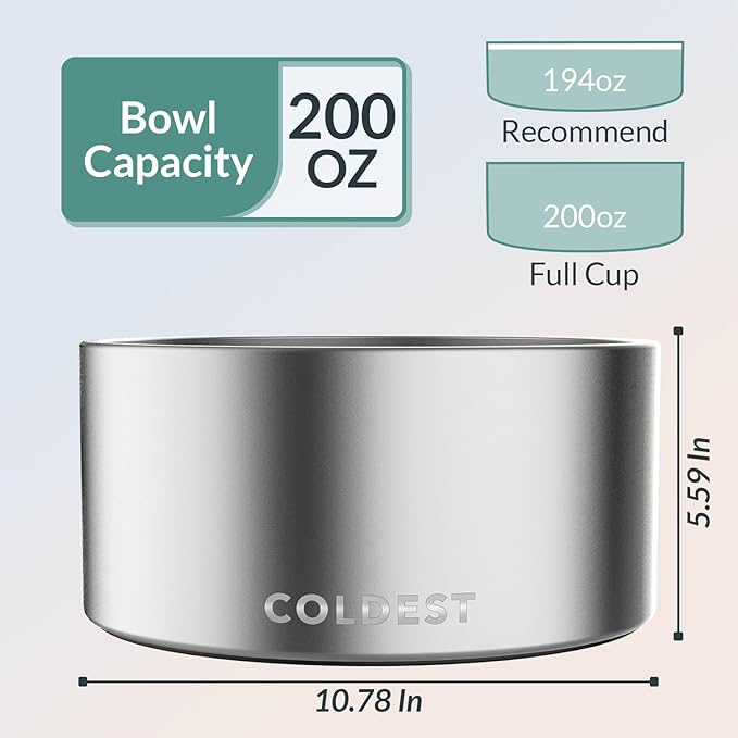 Coldest Dog Bowl - Anti Rust Metal, Non Slip, 3 Layers Insulated Stainless Steel Dog Bowls - Spill Proof & Heavy Duty - Water Bowl for Dogs, Cats, Dish Washer Safe (200 oz, Polished Stainless Steel)-PawvioPets