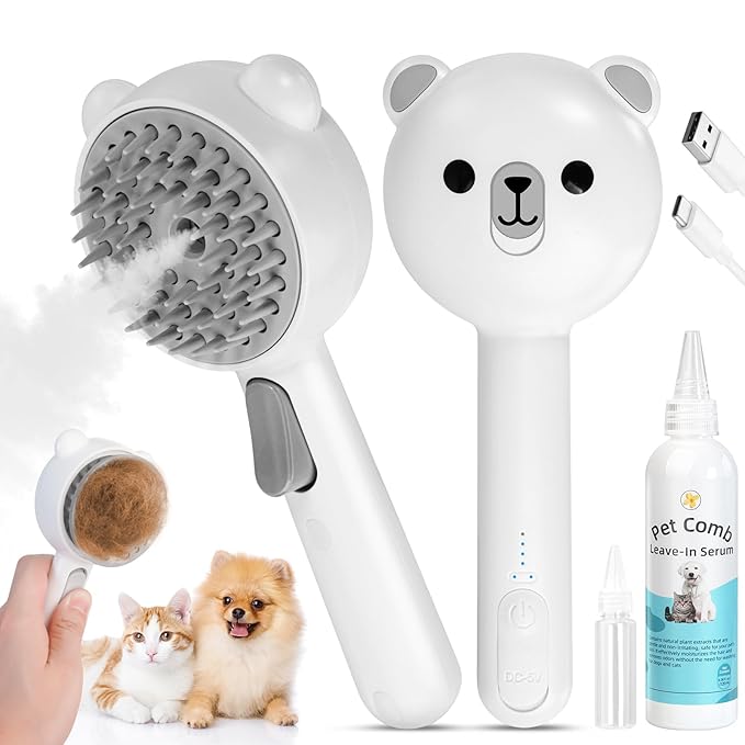 4 in 1 Pet Steam Brush for Cat & Dog, Cat Steam Brush for indoor Cats, Self Cleaning Shedding & Grooming Tool with Waterless Shampoo, Pet Spray Hair Removal Comb with Release Button & Water Tank-PawvioPets