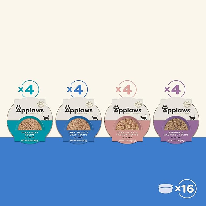 Applaws Natural Wet Cat Food, Limited Ingredient, Grain-Free, Protein with No Artificial Additives, Variety Fish Selection in Broth (16 x 2.12 oz Easy-Open Cups)-PawvioPets