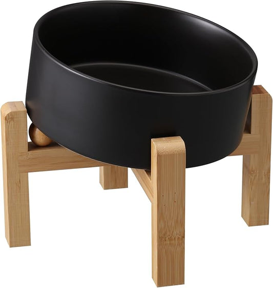 Black Elevated/Raised 15°Tilted Anti Slip Ceramic Dog Bowl for Small/Medium Breeds,Slanted Bulldog Big Face Pet Food Water Feeding Dish with Stand for Cats and Dogs (3.6 Cups/28 OZ)-PawvioPets