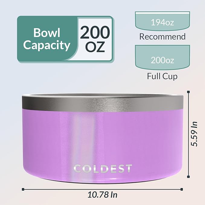 Coldest Dog Bowl - Anti Rust Metal, Non Slip, 3 Layers Insulated Stainless Steel Dog Bowls - Spill Proof & Heavy Duty - Water Bowl for Dogs, Cats, Dish Washer Safe (200 oz, Saturns Purple Glitter)-PawvioPets