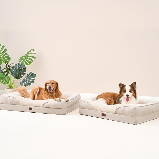 EHEYCIGA Memory Foam XXL Dog Bed for XLarge Sized, Extra Large Orthopedic Dog Sofa with Sides and Waterproof Liner, Washable Bolster Pet Couch with Removable Cover, 52x41x8 Inch, Beige-PawvioPets