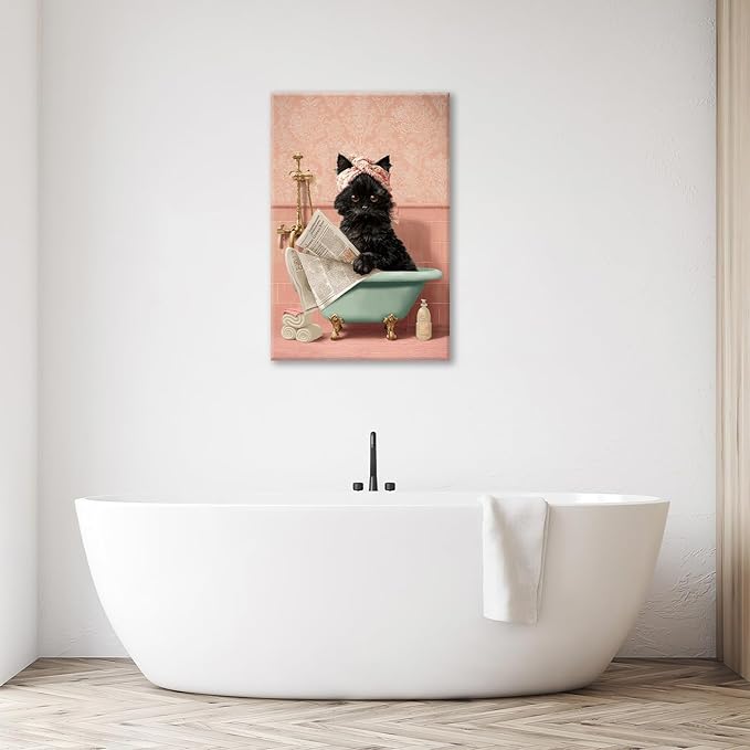 Cat Bathroom Wall Decor Black Cat Reading Newspaper in Bathtub Canvas Wall Art Funny Bathroom Pictures Kitten Painting Print Pink Artwork Framed Decorations Gifts 16"x24"-PawvioPets