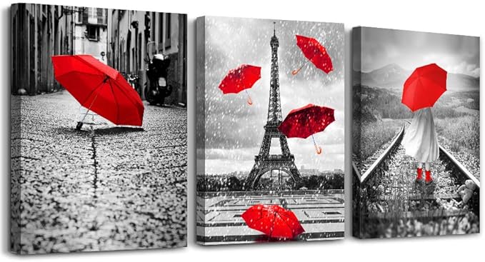 Black and white landscape Eiffel Tower 3 Piece Wall Art for Living Room Bathroom Decorations Kitchen Wall decor modern red umbrella Poster Canvas Print Office Bedroom Home Decoration wall paintings-PawvioPets