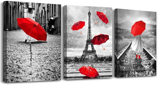 Black and white landscape Eiffel Tower 3 Piece Wall Art for Living Room Bathroom Decorations Kitchen Wall decor modern red umbrella Poster Canvas Print Office Bedroom Home Decoration wall paintings-PawvioPets