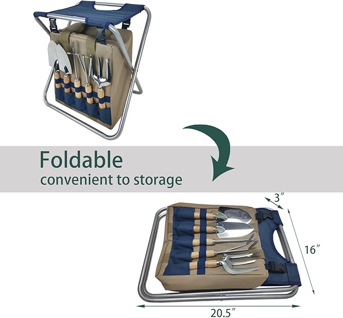 Garden Folding Gardener Stool with Gardening Tools Insulation Garden Bags Plus 5 Garden Tools and Gardening Kneeler Ideal Gift for Mother's Day/Father's Day (Navy Blue)-PawvioPets