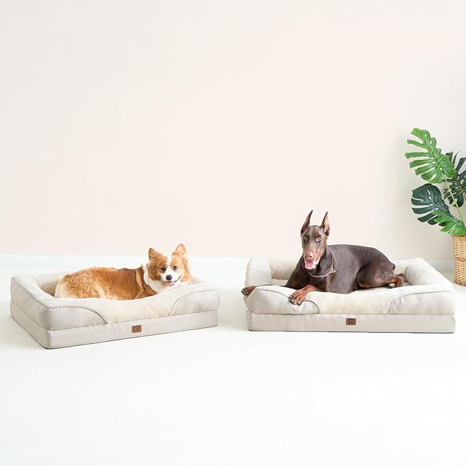 EHEYCIGA Memory Foam XL Dog Bed for XLarge Sized, Extra Large Orthopedic Dog Sofa with Sides and Waterproof Liner, Washable Bolster Pet Bed Couch with Removable Cover, 42x30x7.5 Inch, Beige-PawvioPets