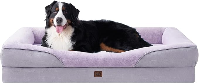 EHEYCIGA Memory Foam XXL Dog Bed for XLarge Sized, Extra Large Orthopedic Dog Sofa with Sides and Waterproof Liner, Washable Bolster Pet Couch with Removable Cover, 52x41x8 Inch, Purple-PawvioPets