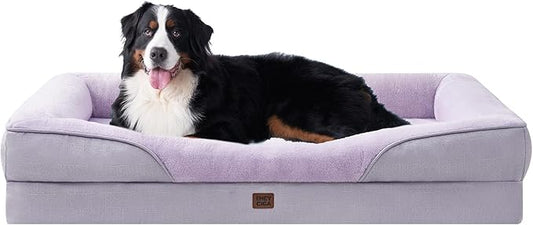 EHEYCIGA Memory Foam XXL Dog Bed for XLarge Sized, Extra Large Orthopedic Dog Sofa with Sides and Waterproof Liner, Washable Bolster Pet Couch with Removable Cover, 52x41x8 Inch, Purple-PawvioPets