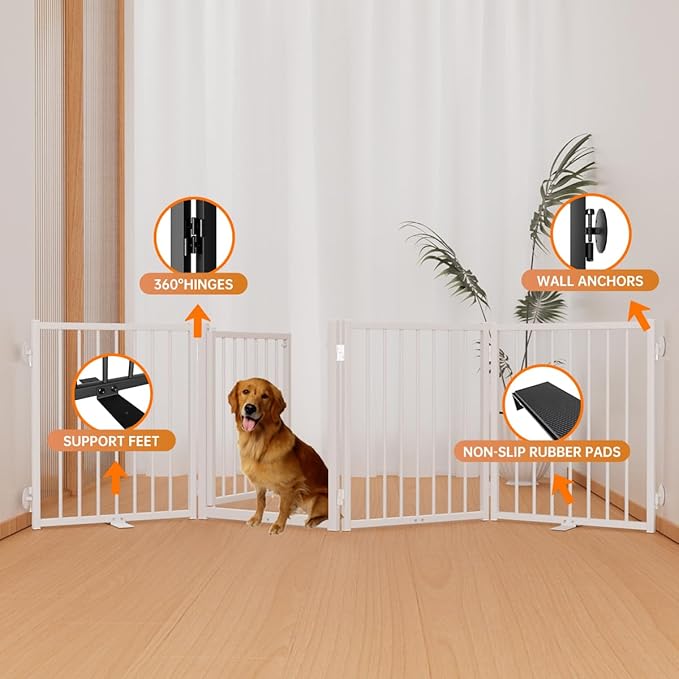 Full Metal Freestanding Dog Gate with Door, 24'' Height Foldable Pet Dog Fence for Indoor & Outdoor, 4 Panels Extra Wide Free Standing SmallDog Gates for Doorways,House,Stairs,Porch,Deck,Yard-PawvioPets