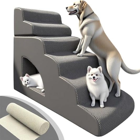 6 Step Pet Stairs Ramp for High Beds Sofas 18-36 Inch, Non-Slip Dog Stairs for Small Old Medium Large XL Dogs Cats, Sturdy 75 Pounds 33D Foam Balanced 6-Tier Ladder with Machine Washable Cover-PawvioPets