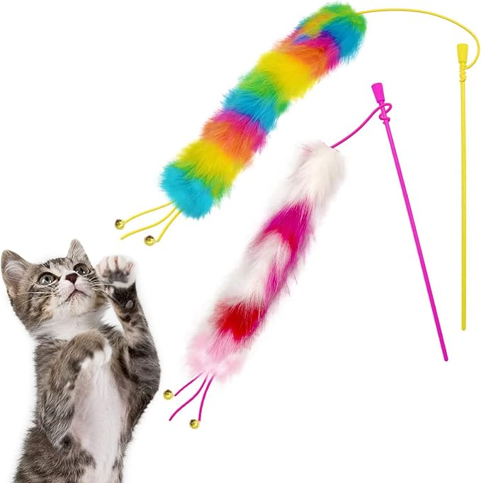 2 Pack Cat Wand Toy, Rainbow Cat Feather Toys with Bells, Teaser Wand with Soft Furry Tail, Interactive Toys for Indoor Cats & Kitten & Kitty-PawvioPets