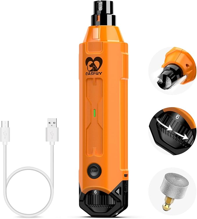 Casfuy 6-Speed Dog Nail Grinder - Newest Enhanced Pet Nail Grinder Super Quiet Rechargeable Electric Dog Nail Trimmer Painless Paws Grooming & Smoothing Tool for Large Medium Small Dogs (Orange)-PawvioPets