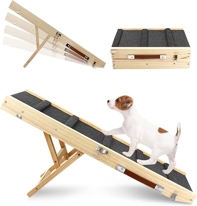 Adjustable Dog Ramp, Wooden Folding Portable Pet Ramp,Rated for 30 LBS, 32.6" Long and Adjustable from 10" to 19" with Non-Slip Traction Mat, Dog Step for Bed, Couch,Car (Grey)-PawvioPets