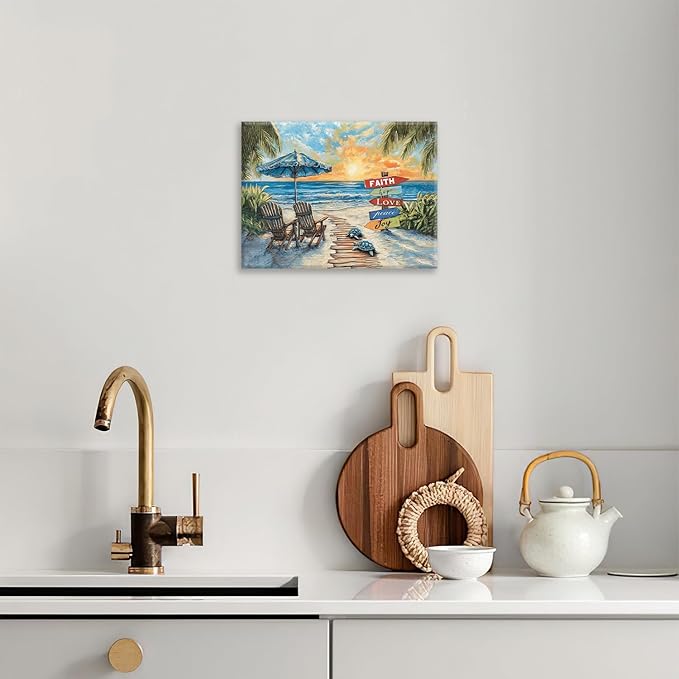 Beach Ocean Bathroom Pictures Wall Art, Seaside Coastal Bathroom Wall Decor, Sunrise Framed Painting Canvas Artwork for Bedroom Living Room Decorations 20"L x 16"W-PawvioPets