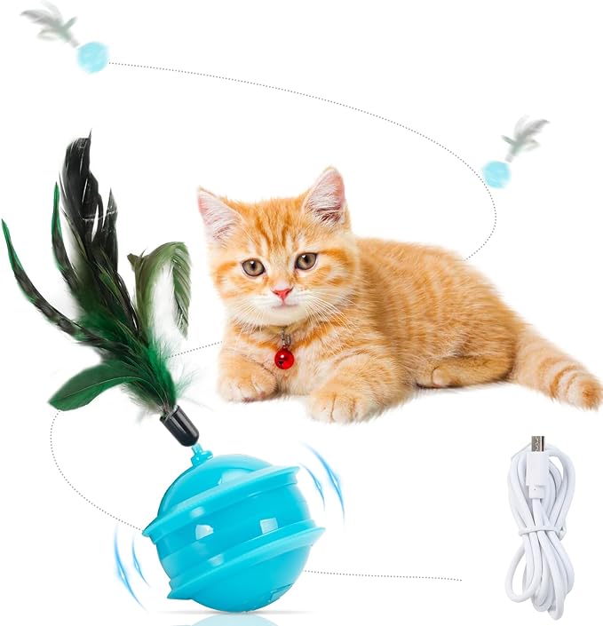 Cat Feather Toy Ball Automatic Moving Interactive Cat Toys for Indoor Cats, Self Rolling Electric Smart Tumbler Ball with Colorful Light and Big Feather Chasing Game (Blue)-PawvioPets