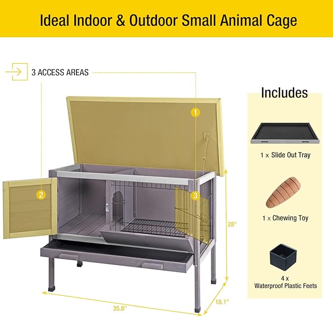 Aivituvin Outdoor Rabbit Hutch, Wooden Bunny Cages Indoor with Deeper Leakproof Tray - Upgrade with Metal Wire Pan-PawvioPets