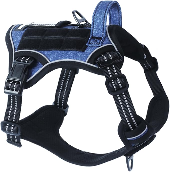 BUMBIN Tactical Dog Harness for Large Dogs No Pull, Famous TIK Tok No Pull Puppy Harness, Fit Smart Reflective Pet Walking Harness for Training, Adjustable Dog Vest Harness with Handle Denim Blue L-PawvioPets