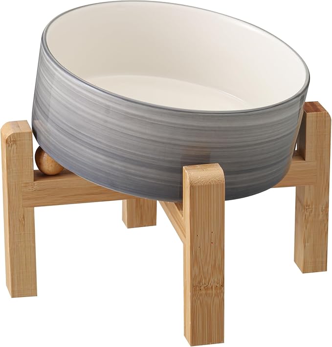 Elevated/Raised 15°Tilted Anti Slip Ceramic Dog Bowls,Slanted Bulldog Pet Food Water Feeding Dish Stand for Cats and Dogs (3.6 Cups/28 OZ) Grey White-PawvioPets