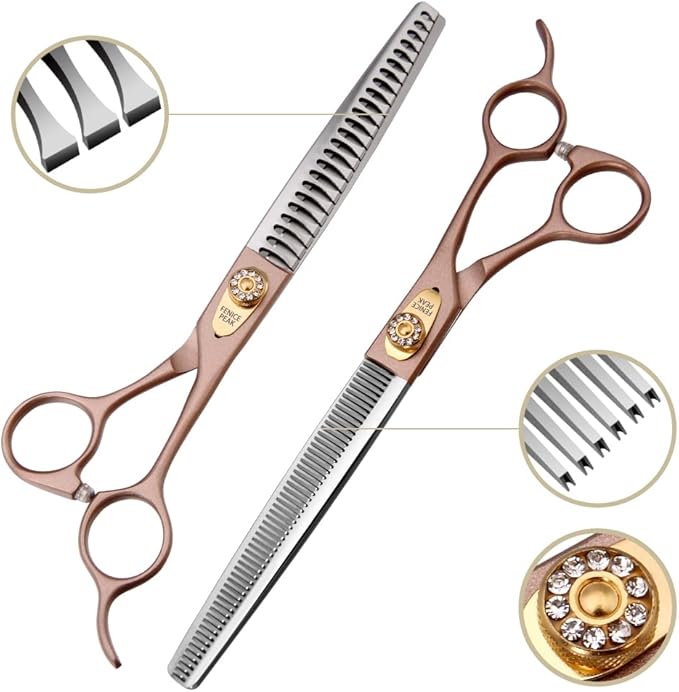 Fenice Peak 7‘’ Professional Dog Grooming Scissors Set Rose Gold 440C Stainless Steel Straight Thinning Curved Chunker Shears 4pcs Set for Pet Grooming Services Dogs and Cats-PawvioPets