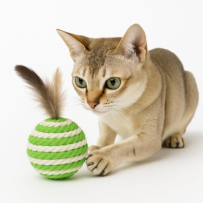 Ball for cat with Feathers - Balls for Cats– Natural Toy for Indoor Cats – Eco-Friendly, Durable, Interactive Play Balls for Kittens – Pet-Safe Chew & Scratch Toys (Green)-PawvioPets