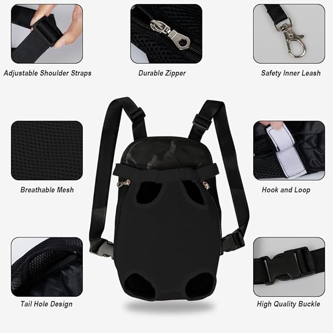 FEimaX Dog Carrier Backpack Pet Legs Out Front Cat Travel Bag, Adjustable Puppy Backpacks Carriers Hands-Free for Small Medium Dogs Cats Hiking Traveling Camping Daily Walking (Large, Black)-PawvioPets