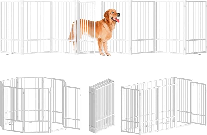 Full Metal Freestanding Dog Gate with Door, 36''Height Foldable Pet Dog Fence for Indoor & Outdoor, 8 Panels Extra Wide Free Standing TallDog Gates for Doorways,House,Stairs,Porch,Deck,Yard-PawvioPets