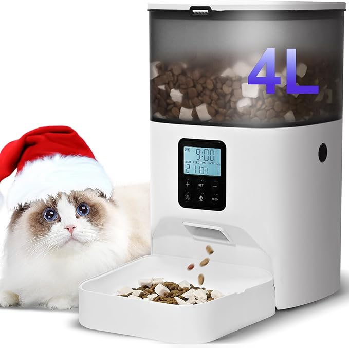 Automatic Cat Feeder, 4L Cat Food Dispenser with 10s Voice Recorder, Pet Feeder up to 8 Meals per Day, Timed Dog Feeder with Dry Food Sealed Ring (White, 4L-Basic)-PawvioPets