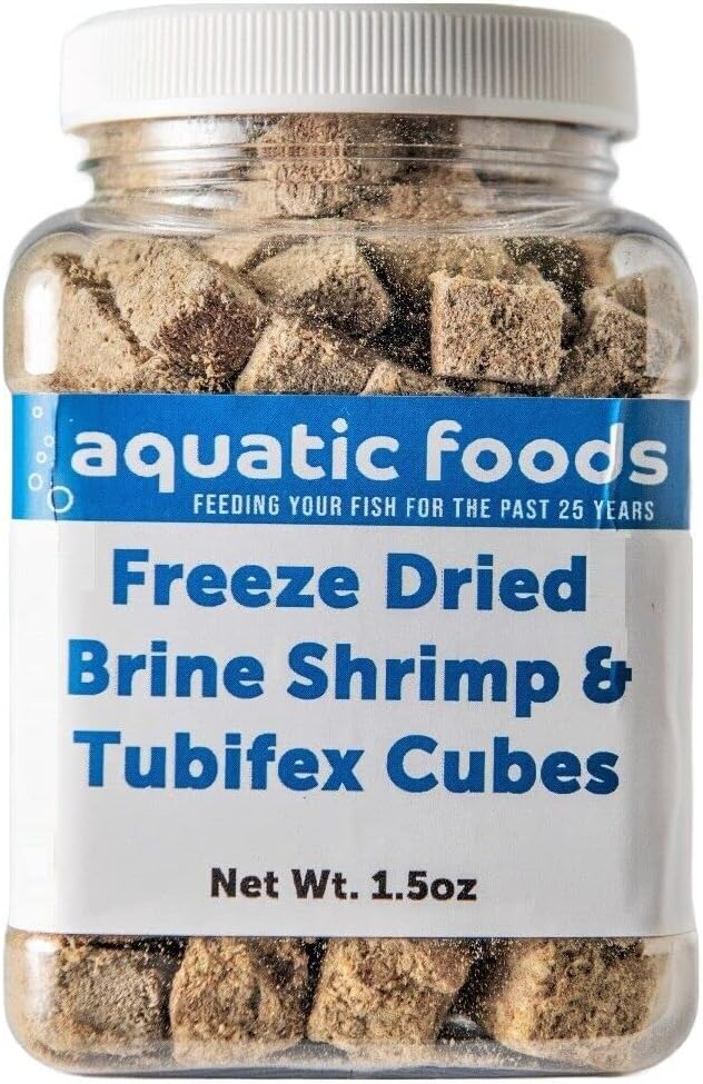 Aquatic Foods Inc. Freeze Dried Floating Brine Shrimp Cubes and Tubifex Cubes for All Tropical Fish, Marine Fish, Discus, Cichlids, Koi & Pond Fish, Turtles…1.5oz Small Jar-PawvioPets
