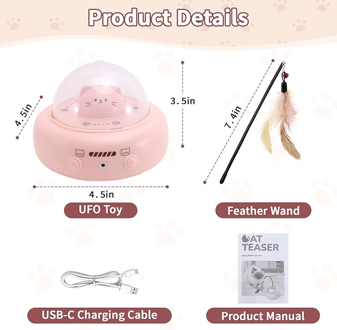Automatic Cat Toys with Feathers, Interactive Cat Toy for Indoor Exercise, Rechargeable Teasing Toys for Indoor Cats, USB Powered, Smart Standby&Obstacle Avoidance(Pink)-PawvioPets