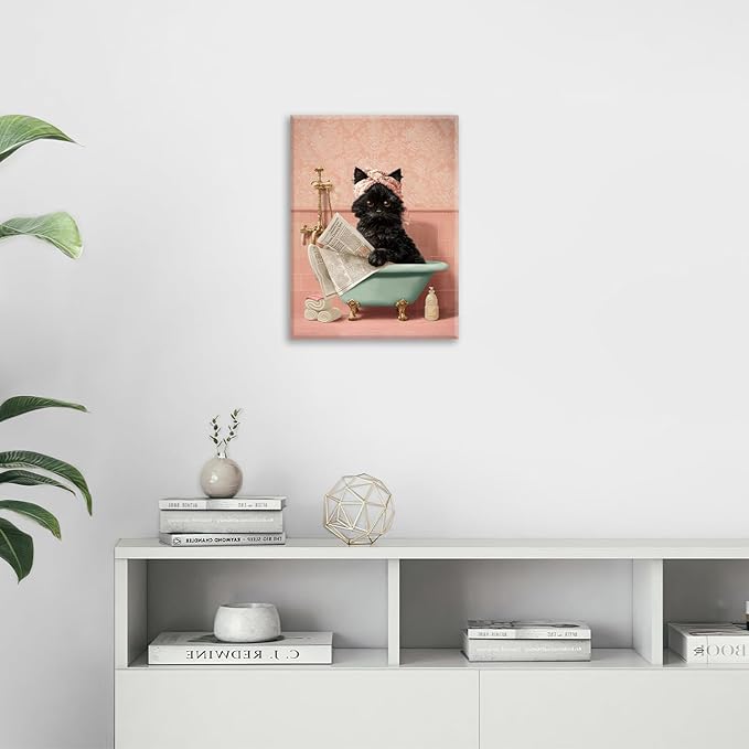 Cat Bathroom Wall Decor Black Cat Reading Newspaper in Bathtub Canvas Wall Art Funny Bathroom Pictures Kitten Painting Print Pink Artwork Framed Decorations Gifts 12"x16"-PawvioPets