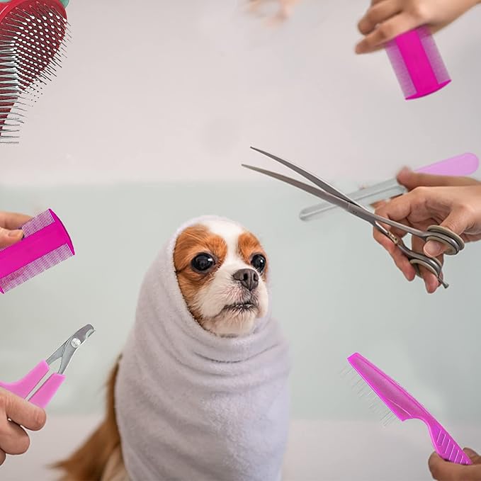 7-Piece Small Pet Grooming Kit: Brush, Nail Clippers, Hair Remover, Shampoo Brush with Hand Strap for Rabbits, Hamsters, Bunnies-PawvioPets