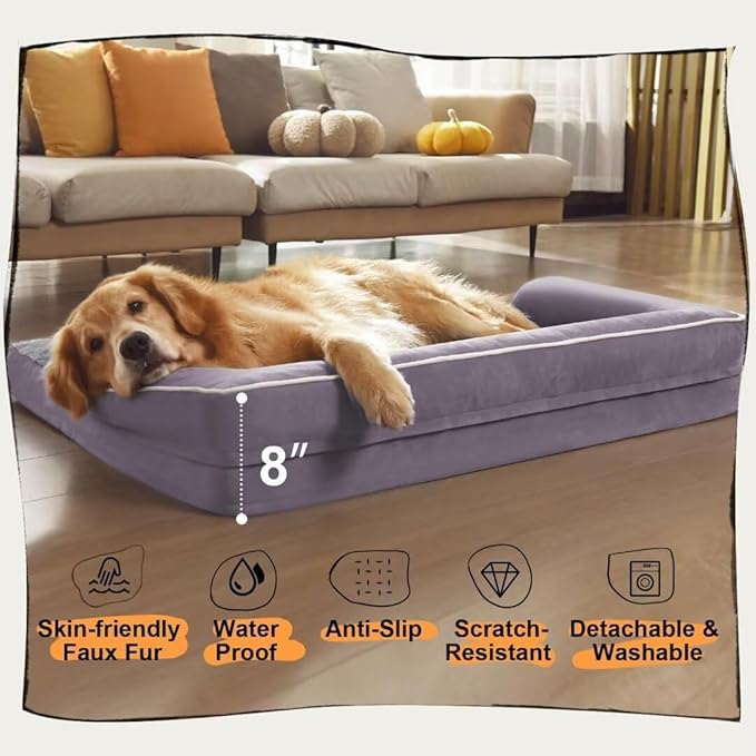 Orthopedic Large Dog Bed Washable, Dog Beds with Washable Removable Cover, XLarge Orthopedic Dog Beds for XLarge Dogs, Waterproof Pet Beds and Non-Slip Bottom, Extra Purple Large Dog Bed-PawvioPets
