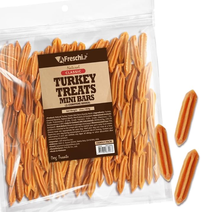 Afreschi Natural Turkey Treats Mini Bars – 16 oz, USA-Sourced Trukey, All-Natural, Hypoallergenic, Low-Fat, Healthy & Easily Digestible, Puppy & Training Snack-PawvioPets