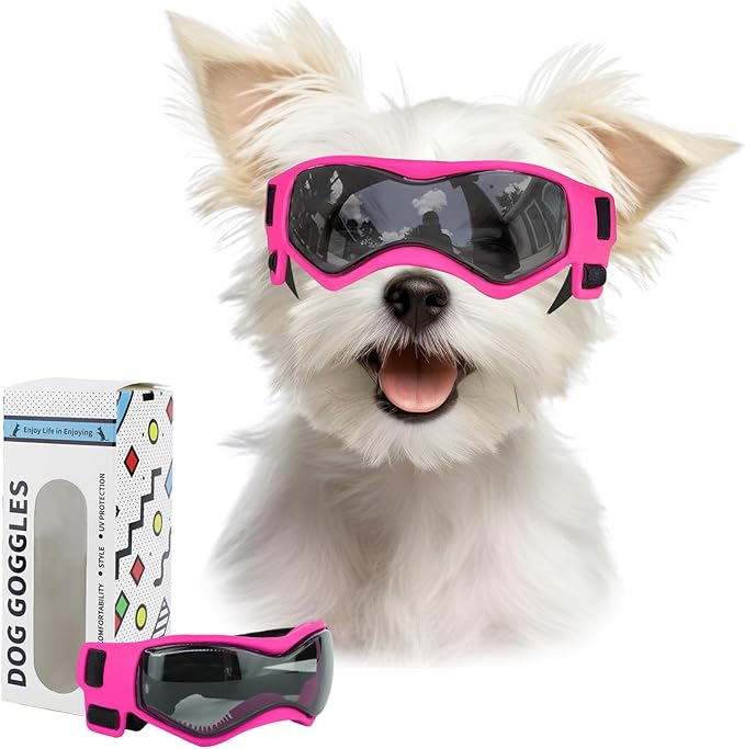 Dog Goggles Dog Sunglasses for Small Breed UV Protection Windproof with Adjustable Head Straps Chin Straps for Ride Car/Hiking Travel/On Beach-Pink-PawvioPets