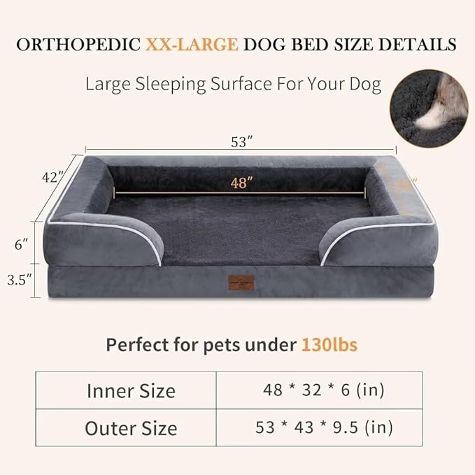 Comfort Expression Waterproof Orthopedic Foam Dog Beds, XXL Orthopedic Dog Beds for Extra Large Dogs, Washable Pet Sofa Bed with Removable Cover & Non-Slip Bottom(XX-Large,Dark Grey)-PawvioPets