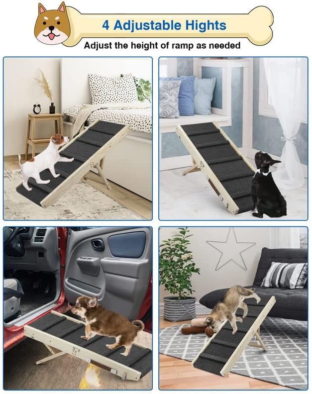 Adjustable Dog Ramp, Wooden Folding Portable Pet Ramp,Rated for 30 LBS, 32.6" Long and Adjustable from 10" to 19" with Non-Slip Traction Mat, Dog Step for Bed, Couch,Car (Grey)-PawvioPets