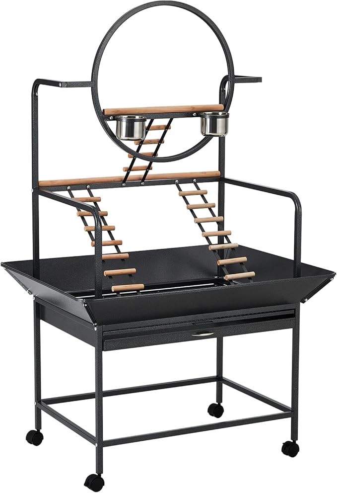 Bird Playstand, 66'' H Inch Birdcage Stand Activity Play Center with Perches and Ladders, Removable Tray, Indoor Outdoor Playground for Parakeet,Cockatiels Conures Parrots, Lockable Caster,Black-PawvioPets