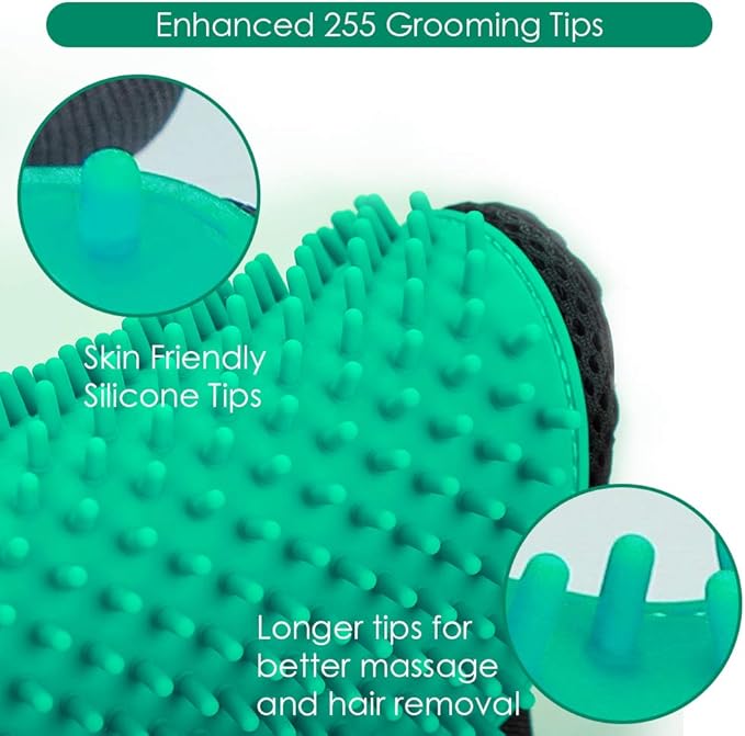DELOMO Pet Hair Remover Gloves, 255 Tips, Deshedding Glove for Dog and Cat, Gentle De-Shedding Glove Brush, Green, 2 Count-PawvioPets