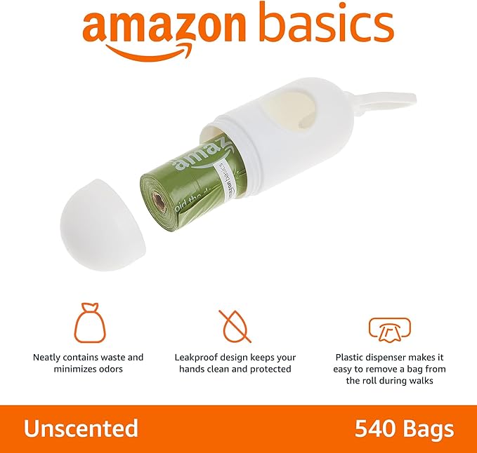 Amazon Basics Dog Poop Bags with Dispenser, 540 Count, Enhanced for Guaranteed Leakproof, Unscented, Includes Leash Clip-PawvioPets