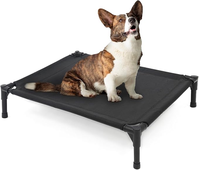Elevated Dog Bed for Medium Dogs, Raised Dog Cot Beds Fits Up to 150 LBs, Heavy Duty Pet Cots with Durable Supportive Teslin Recyclable Washable Mesh, Indoor & Outdoor Dog Bed, Black-PawvioPets