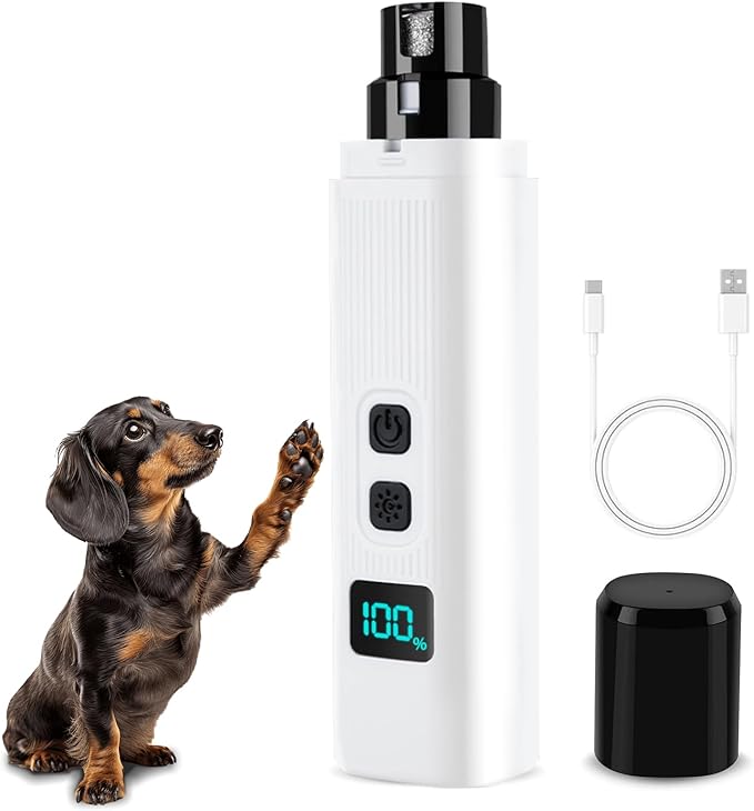 Dog Nail Grinder - 2-Speed Super Quiet and Low Vibration Electric Pet Nail Grinder - Rechargeable Dog Nail Trimmers for Small Dogs- Cat Nail Claw Clippers with 2 Level LED Lighting(White)-PawvioPets